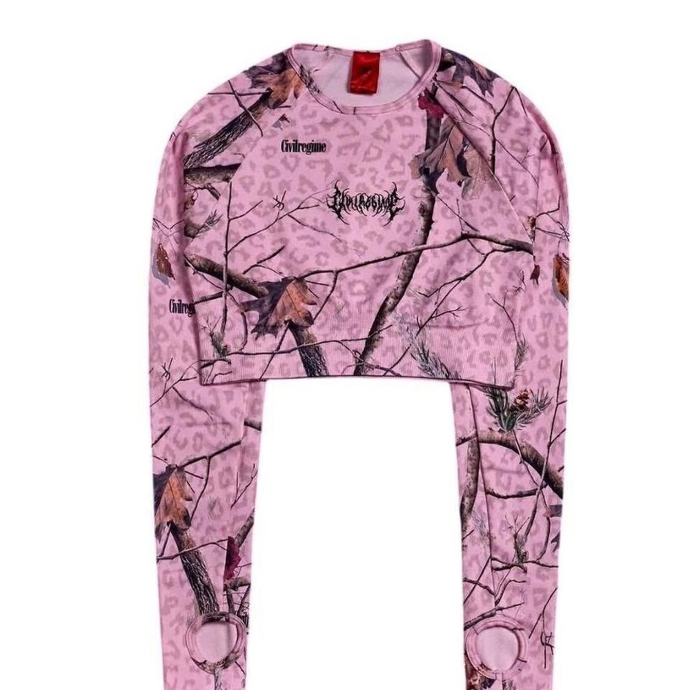 Civil Regime Concrete Forest Seamless Long Sleeve Baby Pink‎ Leopard Camo Top L